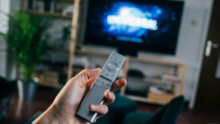 Person holding a TV remote control